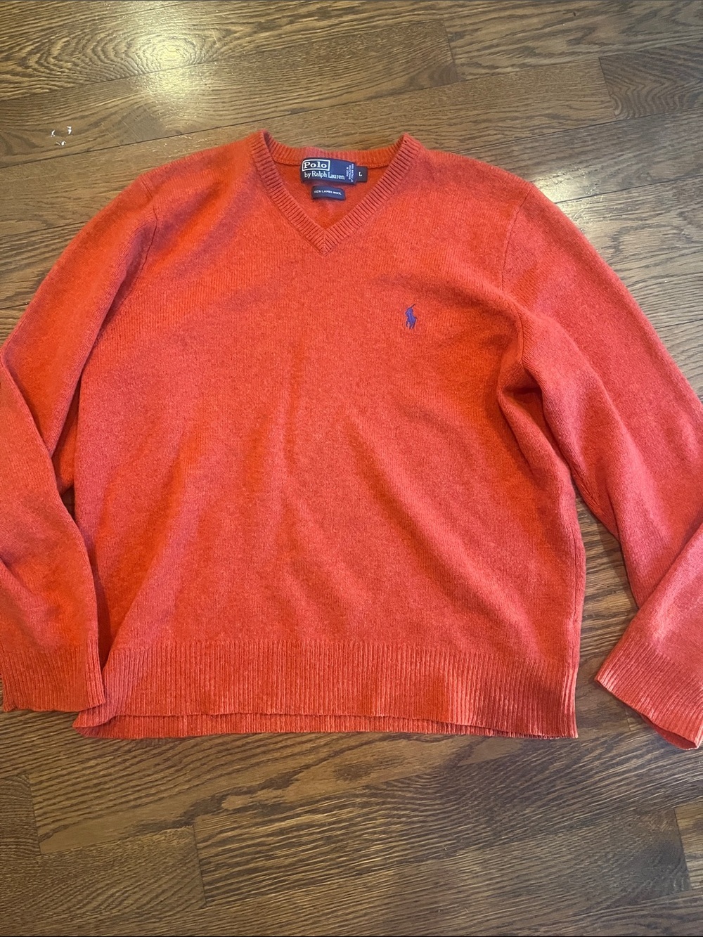 Polo by Ralph Lauren Men's V-Neck Sweater in Bright Orange with Navy Pony wool L